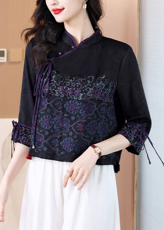 Black Button Lace Up Silk Blouses Stand Collar Bracelet Sleeve
