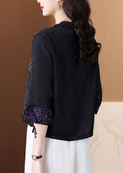 Black Button Lace Up Silk Blouses Stand Collar Bracelet Sleeve