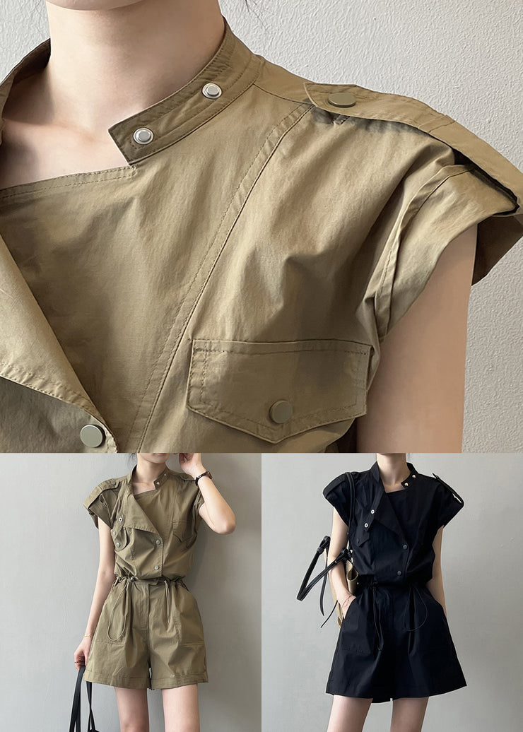 Black Button Linen Jumpsuits High Waist Short Sleeve