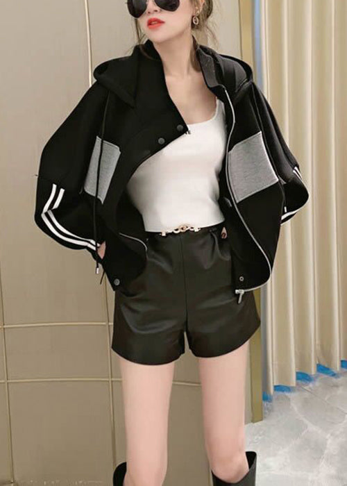 Black Button Patchwork Cotton Coats Zip Up Long Sleeve