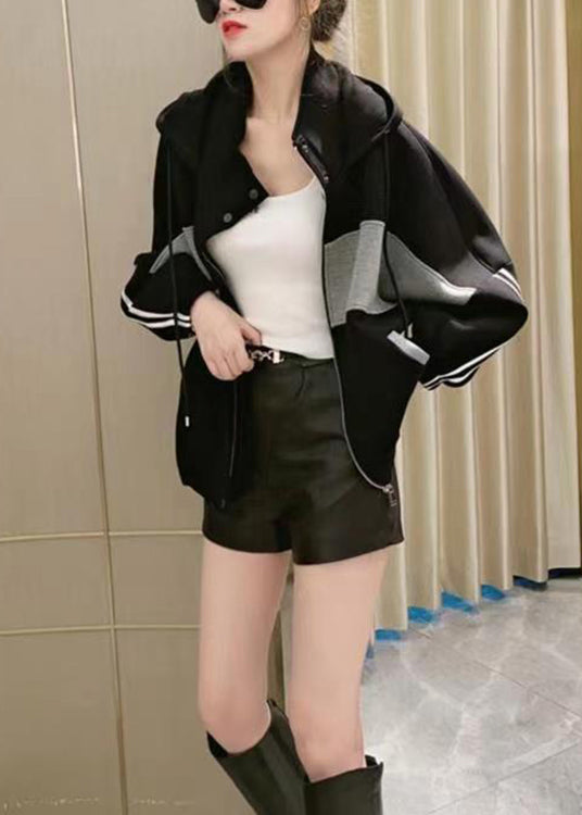 Black Button Patchwork Cotton Coats Zip Up Long Sleeve