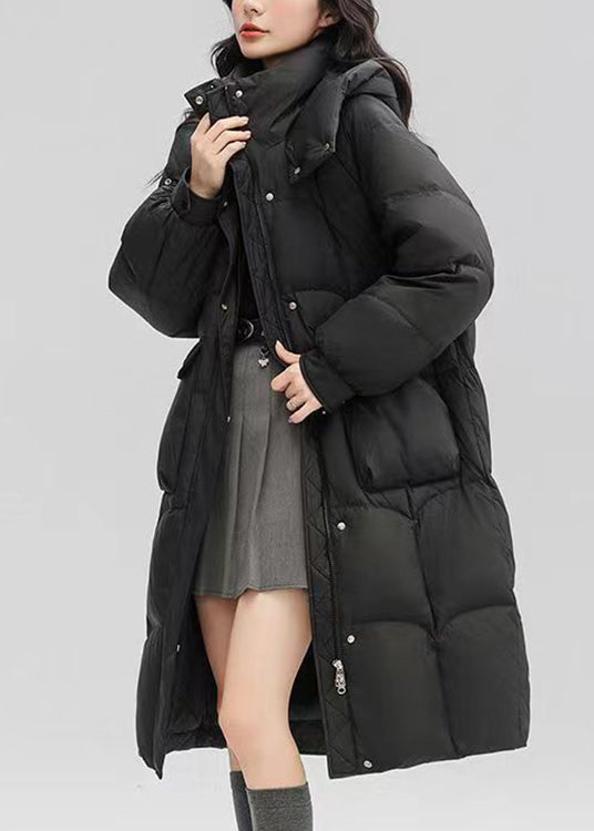 Black Button Patchwork Duck Down Puffers Coat Zip Up Long Sleeve