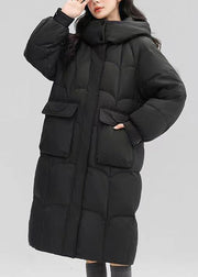 Black Button Patchwork Duck Down Puffers Coat Zip Up Long Sleeve