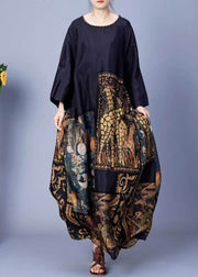 Black Button Patchwork Silk Long Dress O Neck Spring