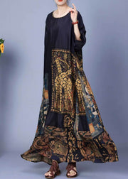 Black Button Patchwork Silk Long Dress O Neck Spring