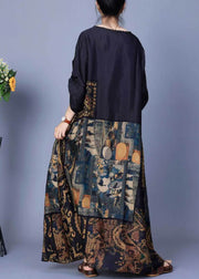 Black Button Patchwork Silk Long Dress O Neck Spring