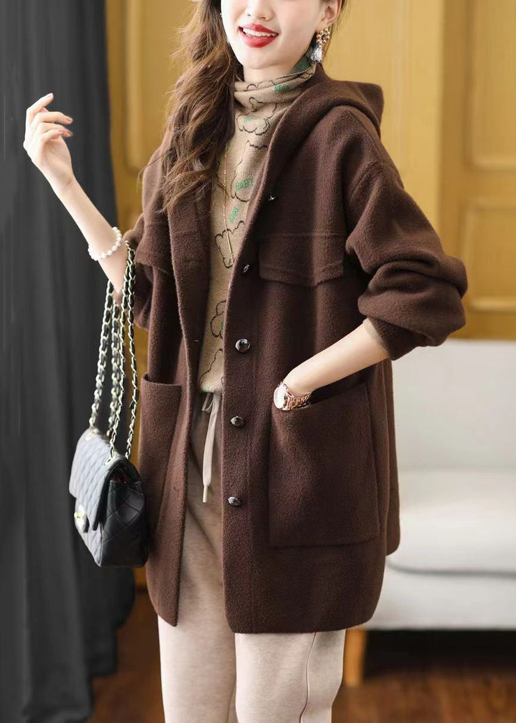 Black Button Patchwork Woolen Coat Hooded Long Sleeve