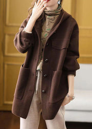 Black Button Patchwork Woolen Coat Hooded Long Sleeve