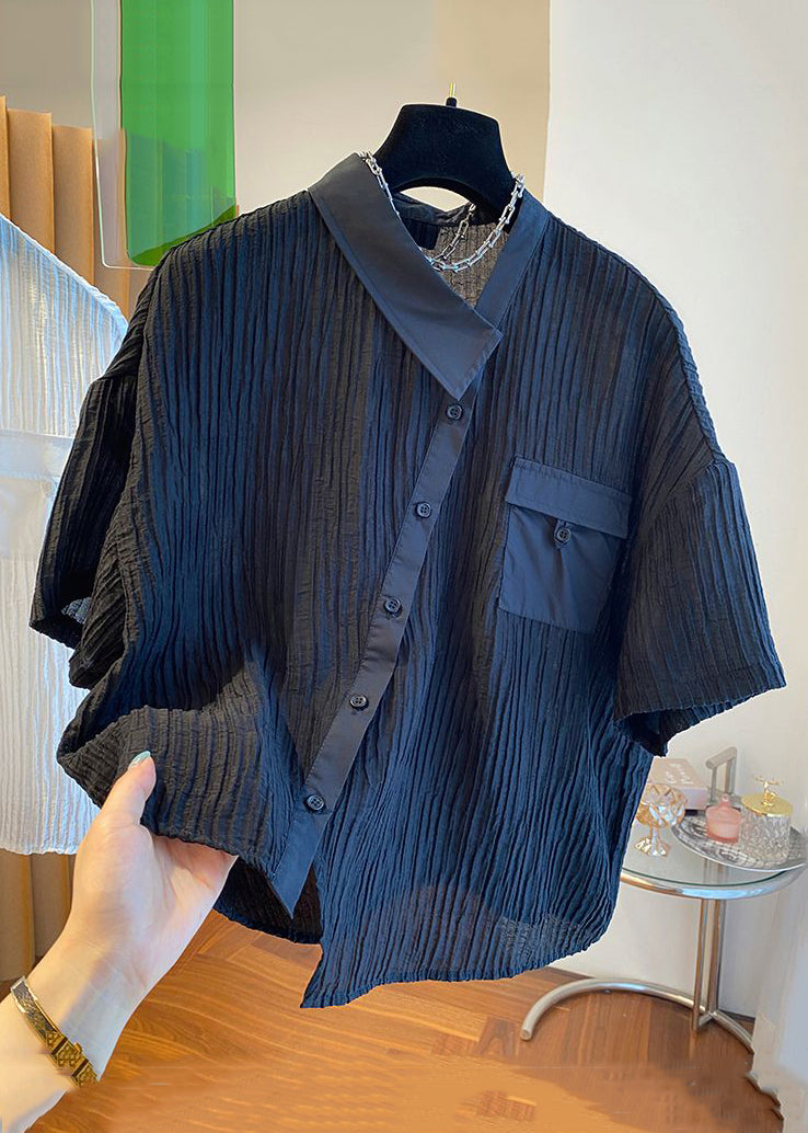 Black Button Pockets Cotton Shirt Asymmetrical Short Sleeve