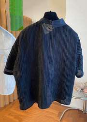 Black Button Pockets Cotton Shirt Asymmetrical Short Sleeve