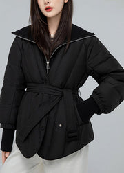 Black Button Pockets Patchwork Duck Down Down Coat Zip Up Long Sleeve