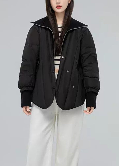 Black Button Pockets Patchwork Duck Down Down Coat Zip Up Long Sleeve