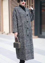 Black Button Pockets Woolen Long Coat V Neck Winter