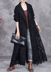 Black Button Solid Lace Trench Coat Peter Pan Collar Fall