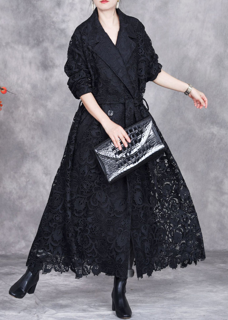 Black Button Solid Lace Trench Coat Peter Pan Collar Fall