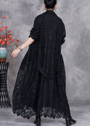 Black Button Solid Lace Trench Coat Peter Pan Collar Fall