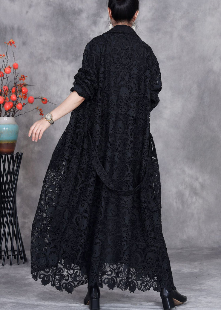 Black Button Solid Lace Trench Coat Peter Pan Collar Fall