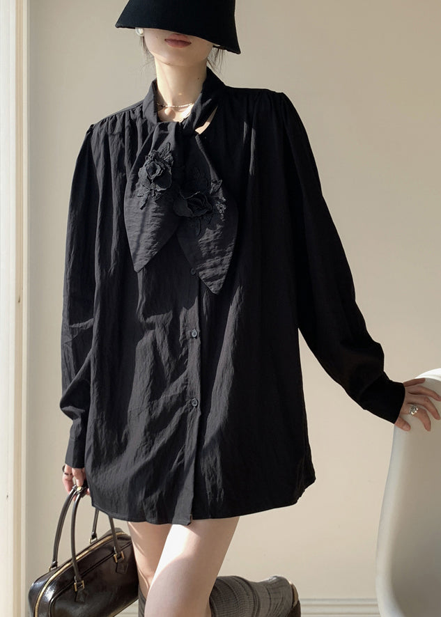 Black Button Solid Loose Cotton Spring Shirt Bow