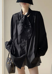 Black Button Solid Loose Cotton Spring Shirt Bow