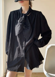 Black Button Solid Loose Cotton Spring Shirt Bow