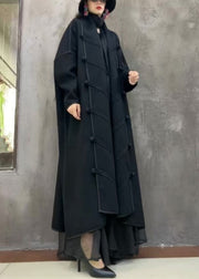 Black Button Solid Loose Woolen Long Coat V Neck Winter