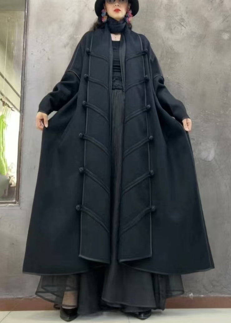 Black Button Solid Loose Woolen Long Coat V Neck Winter