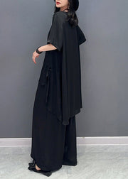 Black Button Solid Shirts And Wide Leg Pants Two Piece Set Half Sleeve