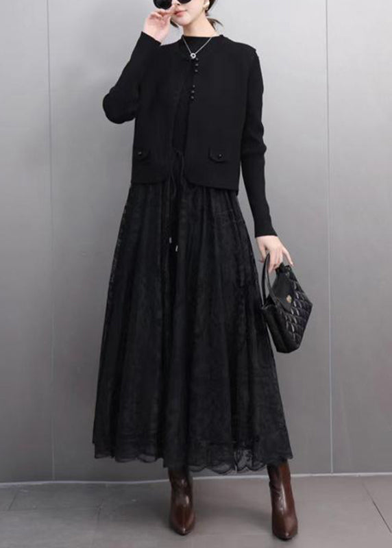 Black Button Waistcoat And A Line Skirts Lace Two Pieces Set Spring