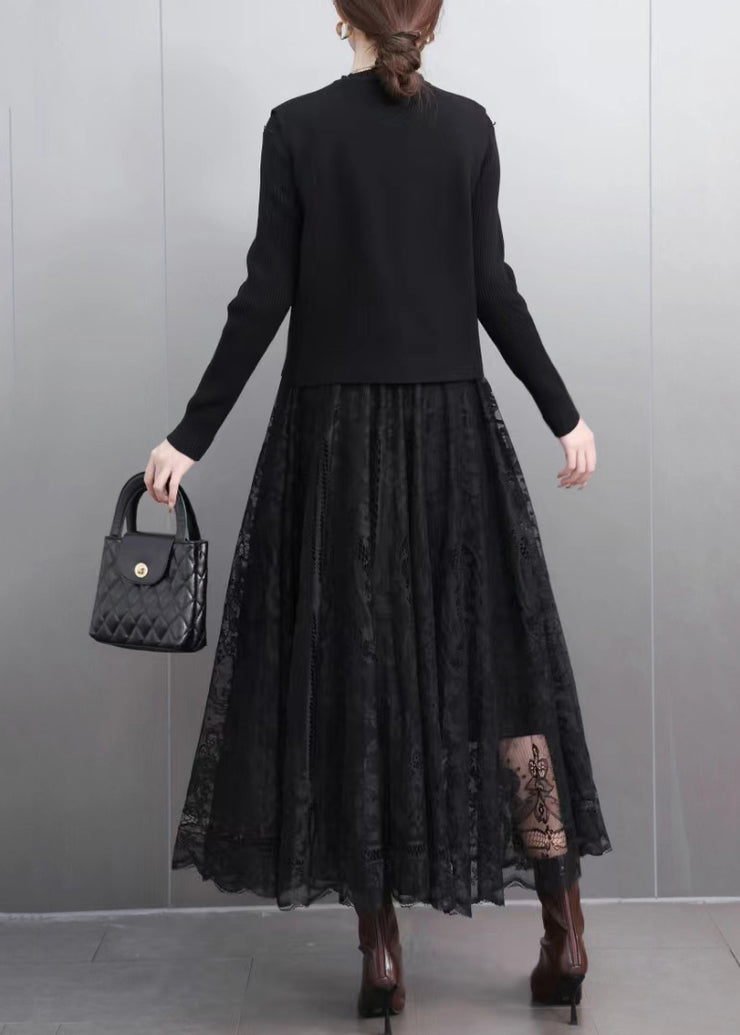 Black Button Waistcoat And A Line Skirts Lace Two Pieces Set Spring