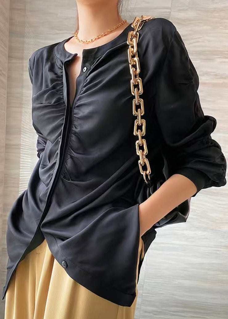 Black Button Wrinkled Patchwork Silk Shirts O Neck Long Sleeve