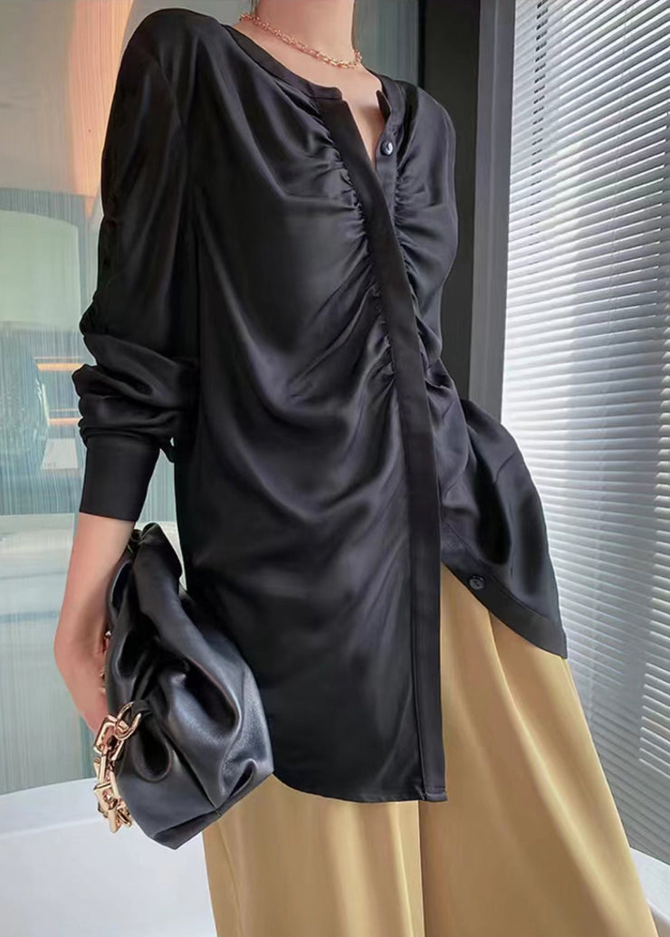 Black Button Wrinkled Patchwork Silk Shirts O Neck Long Sleeve