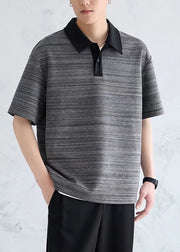 Black ButtonCotton Mens Polo Shirts Peter Pan Collar Summer