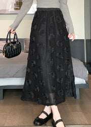 Black Chic Patchwork Cotton Skirt Elastic Waist Floral Spring