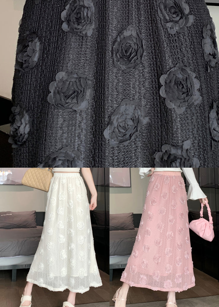 Black Chic Patchwork Cotton Skirt Elastic Waist Floral Spring
