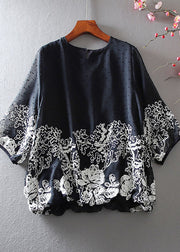 Black Chiffon Blouses Embroidered Bracelet Sleeve