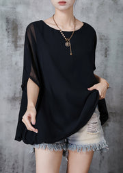 Black Chiffon Tank Tops Oversized Batwing Sleeve