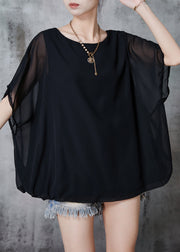 Black Chiffon Tank Tops Oversized Batwing Sleeve