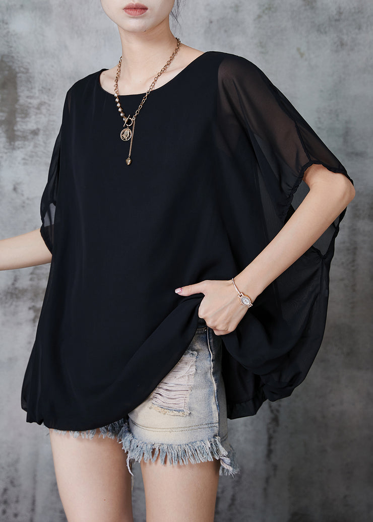 Black Chiffon Tank Tops Oversized Batwing Sleeve