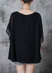 Black Chiffon Tank Tops Oversized Batwing Sleeve