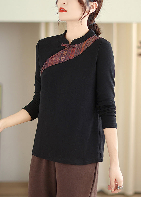 Black Chinese Button Patchwork Cotton Blouses Stand Collar Fall