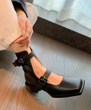 Black Chunky Cowhide Leather Classy Splicing Sandals Boots