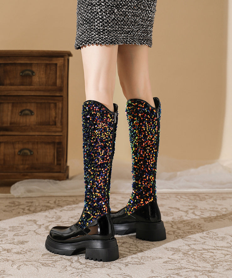 Black Chunky Faux Leather Stylish Splicing Sequins Boots