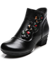 Black Chunky Heel Cowhide Leather Casual Splicing Boots