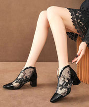 Black Chunky Heel Embroidery Tulle Splicing Sandals Boots