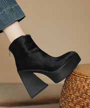 Black Chunky Heel Fashion Zippered Splicing Horsehair Boots