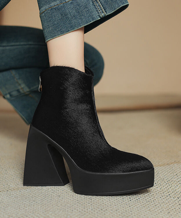 Black Chunky Heel Fashion Zippered Splicing Horsehair Boots