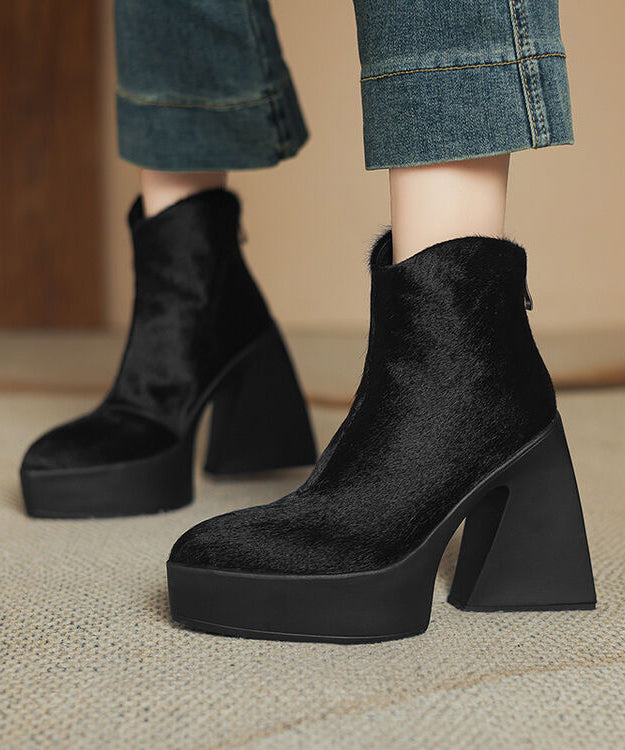 Black Chunky Heel Fashion Zippered Splicing Horsehair Boots