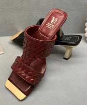 Black Chunky Heel Faux Leather Elegant Slide Sandals Peep Toe