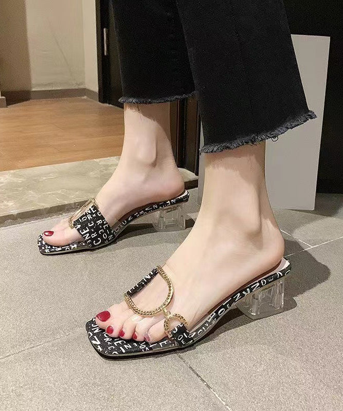 Black Chunky Heel Stylish Peep Toe Crystal Slide Sandals