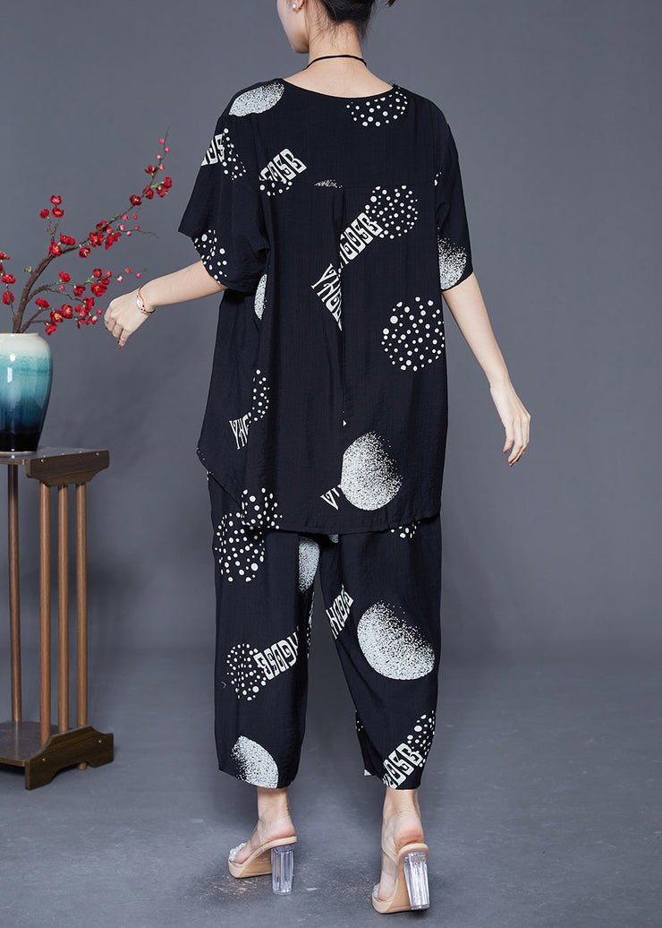 Black Circle Loose Cotton Two Piece Set Chinese Button Summer